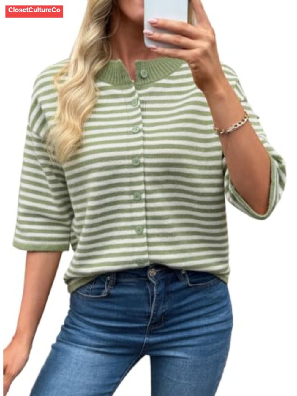 Womens 3/4 Sleeve Button Cardigan Sweater Lightweight Knit